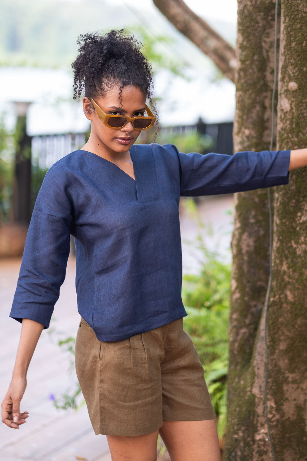 Women Tops Linen V Neck Top for Women Navy Blue