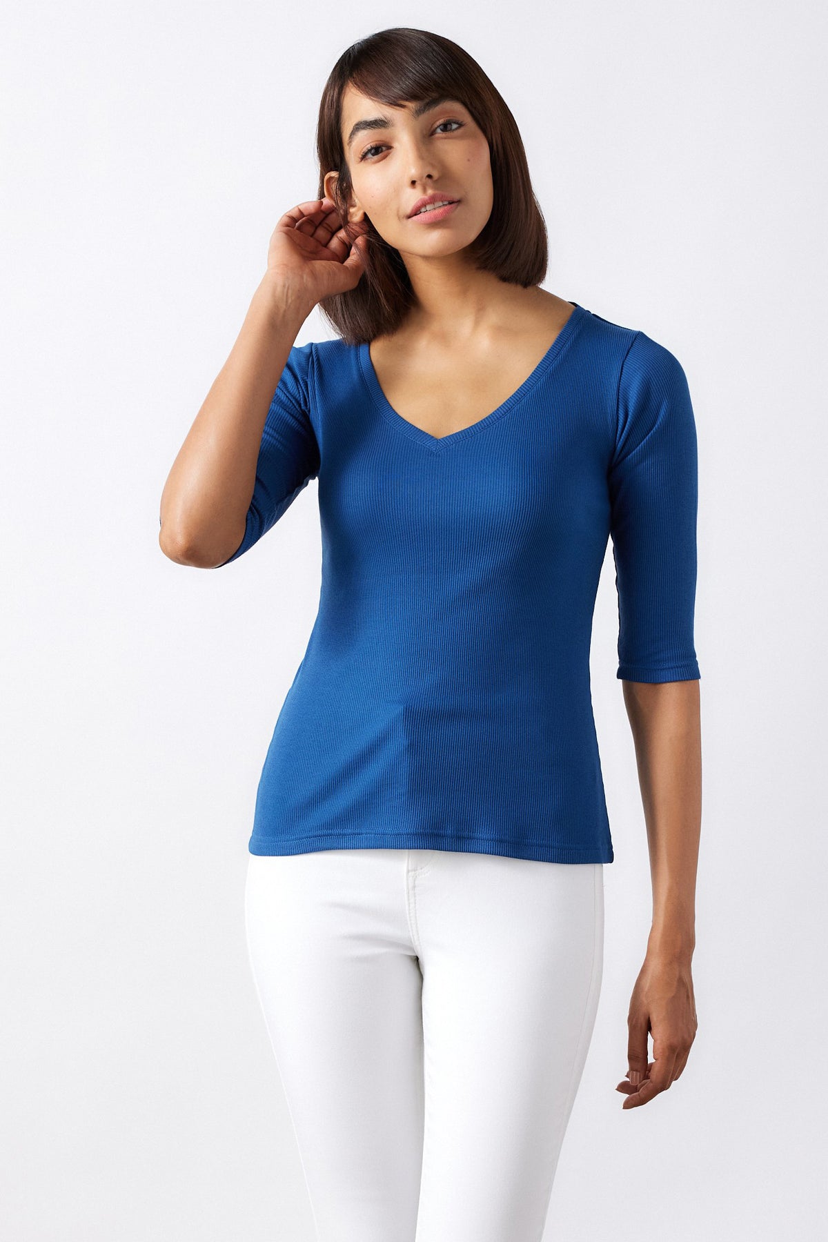 The Rib V Neck Top for Women Cobalt Blue