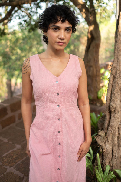 The Seersucker V Neck Dress with Buttons | Creatures of Habit