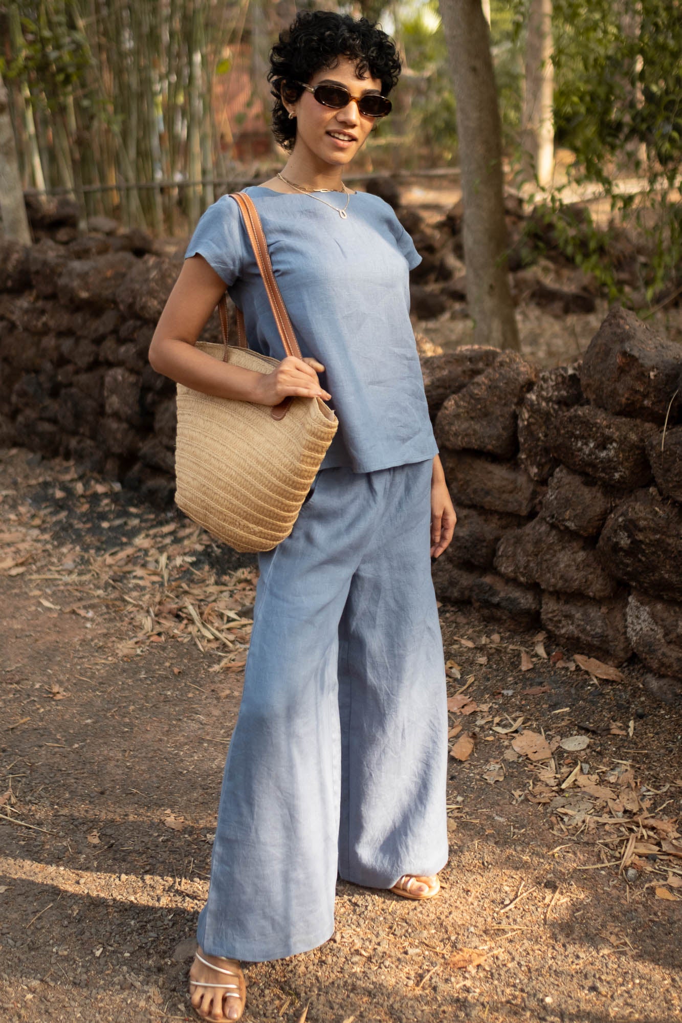 Linen Co-ord Set with Boat Neck Top and Oversized Pants | Creatures of Habit