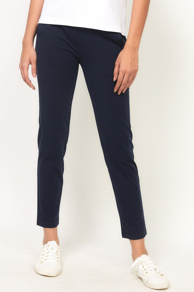 Buy STOP Navy Solid Straight Fit Cotton Lycra Women's Casual Wear Pants |  Shoppers Stop